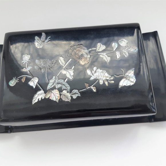 VTG Chinese Cigarette Box Black Lacquer Mother of Pearl Inlay 36 Cigarette - Picture 6 of 9